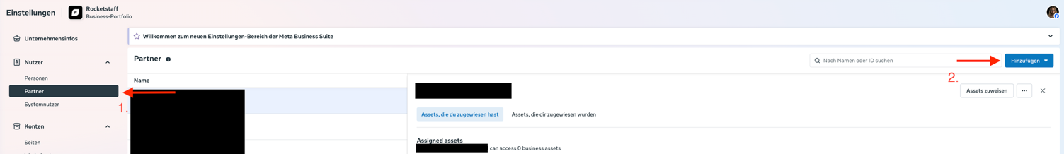 Facebook Business Manager — Einstellungen → Nutzer → Partner → Hinzufügen